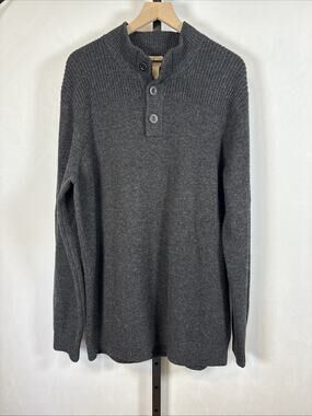 LL Bean Lambs Wool Mock Neck Sweater Men's XLT Gray Button Neck Grandpa Academia